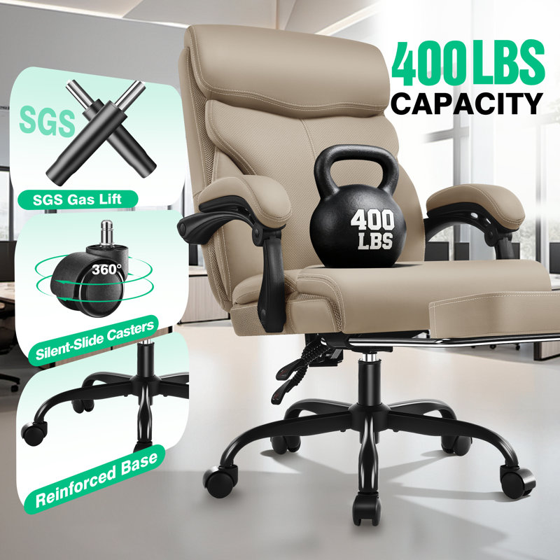 Faux Leather Executive Computer Chair with Footrest, Kaki, Retractable Footrest