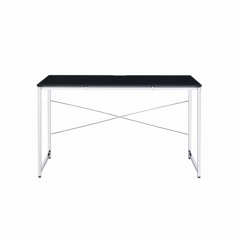 Bureau d'écriture rectangulaire moderne, structure en métal chromé, support en X, espace pour les jambes l 45 po, plateau en panneau de fibres à densité moyenne robuste