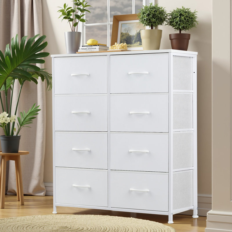 Wassil 8 Drawer 31.5''W Double Fabric Dresser With Wood Grain Prints, White