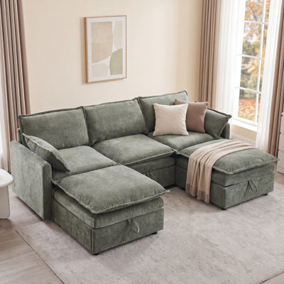 85.83" U-Shaped Modular Sectional Sofa with Armrests and Storage ,  Modern Chenille Fabric Couch with Throw Pillows and Ottoman for Living Room