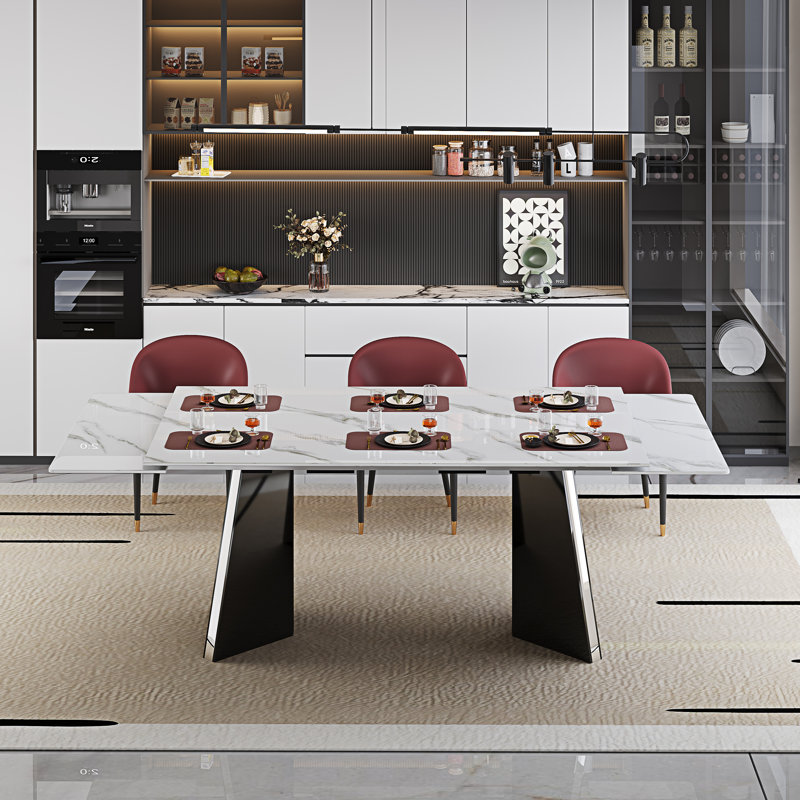 9 - Piece Faux Marble Dining Table Set With 94.5” Rectangular Extendable Sintered Stone Top And 8 Faux Leather Chairs