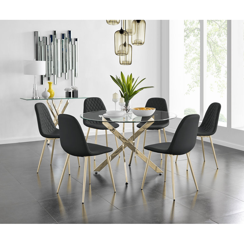 Tierra Chrome Metal and Glass Round Dining Table Set with 6 Faux Leather Upholstered Dining Chairs, Black