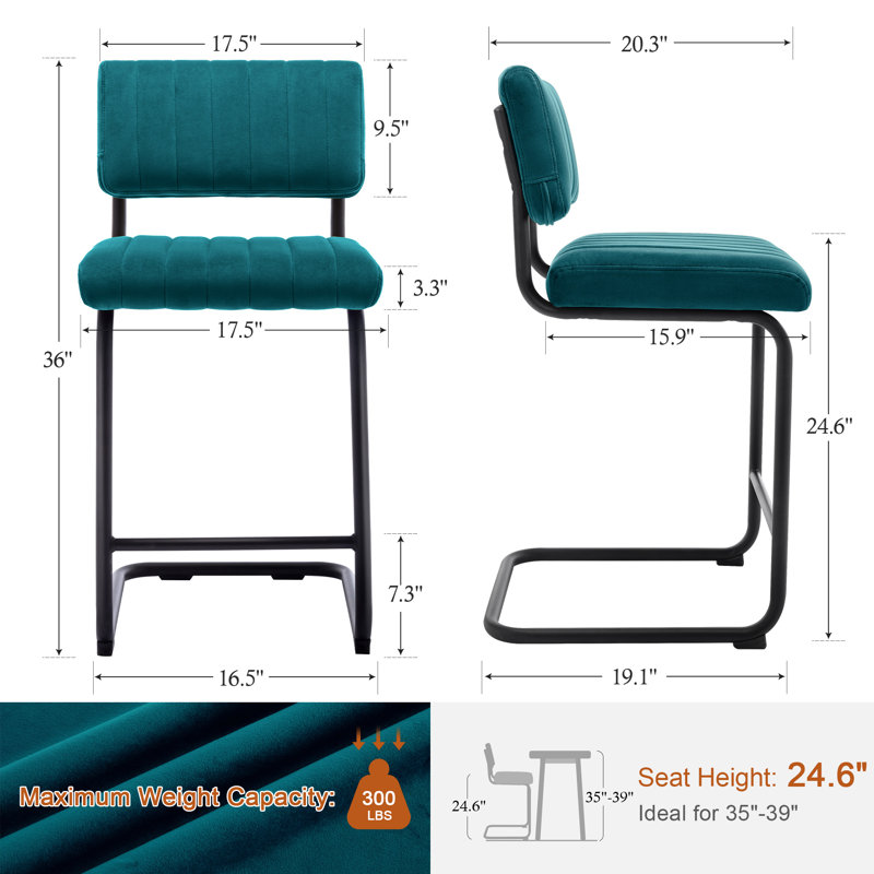 Tabouret de bar / comptoir en velours capitonné à dossier bas Marlow, Bleu sarcelle