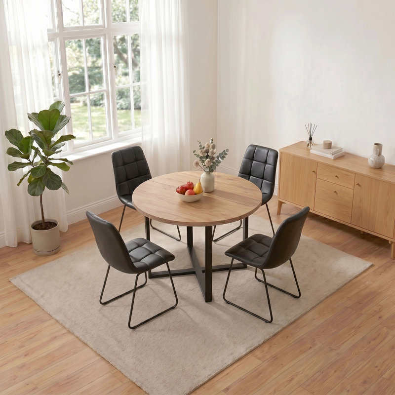 5-Piece Round Dining Table Set With 4 Dining Chairs, Kitchen Dining Table Group With Cross Metal Base, Black, Brown