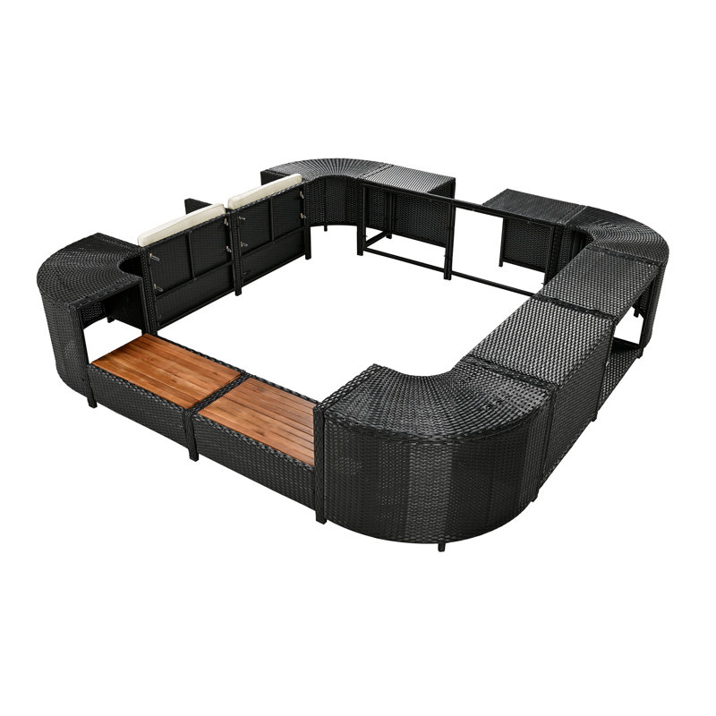 Wexley Spa Outdoor Rattan Sectional Sofa Set with Mini Sofa,Wooden Seats and Storage Spaces, Beige
