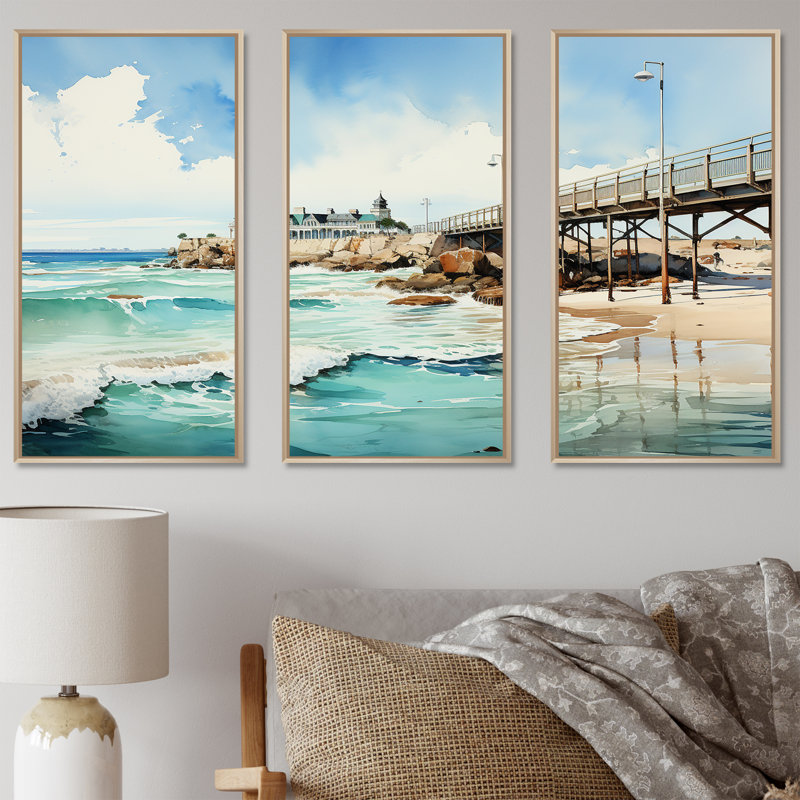 Pitchford - Coastal Pier, ensemble de reproduction d'art mural, Cadre naturel flottant, H 32 po x l 48 po x P 1 po