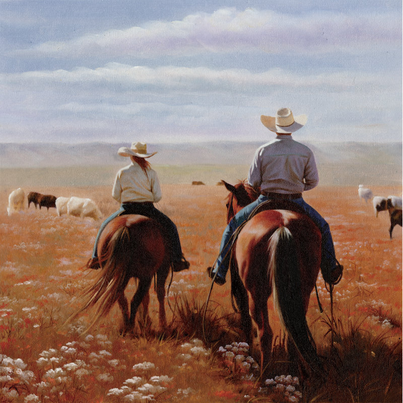 Chevaux et cowboys par Inconnu, Papier avec cadre unique doré, Pas de tapis, H 30 po x l 30 po