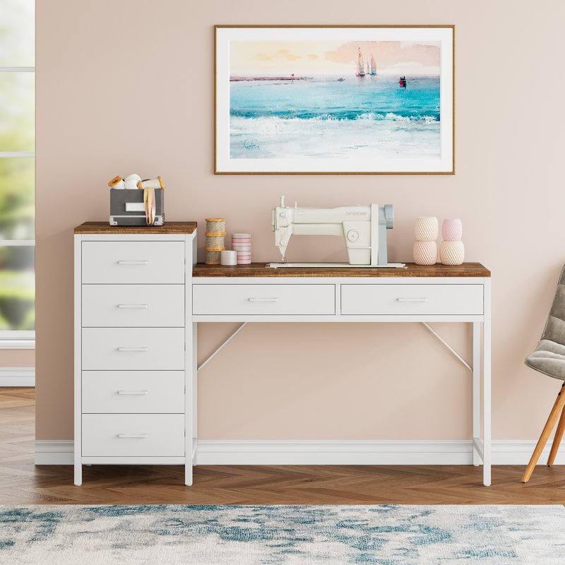 Bureau d'ordinateur 55,12 po réversible avec tiroirs, table de maquillage, Brun