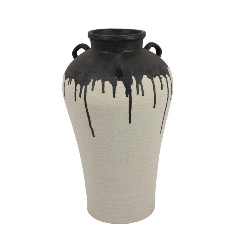 Caleb Accent Vase With Drip Pattern And Handles, Black Gray Ceramic