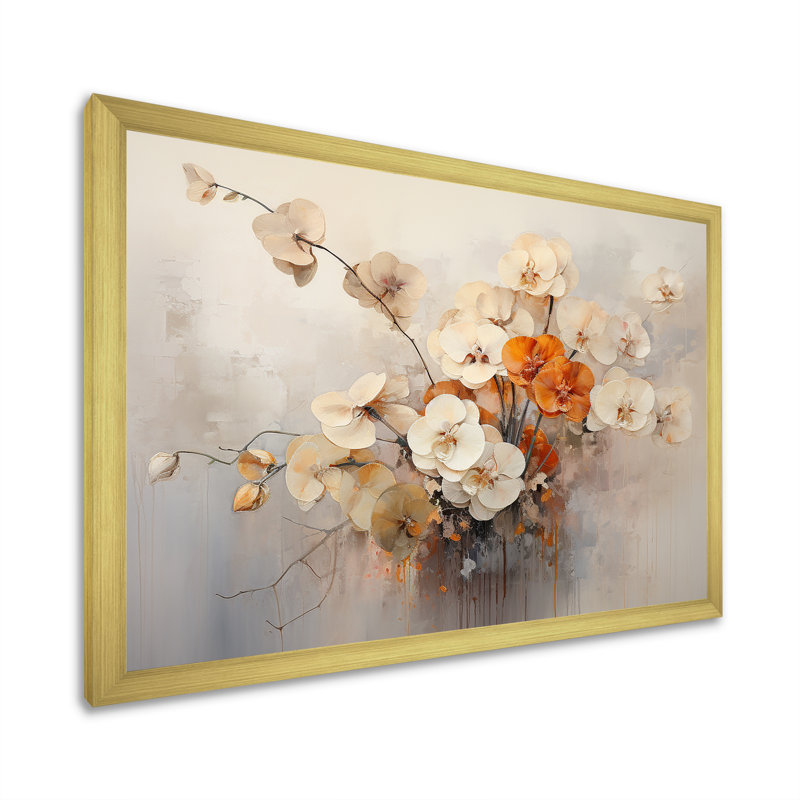 Reproduction sur toile d'un minimalisme minimaliste beige et orange, Encadrement doré, H 24 po x l 32 po x P 1 po