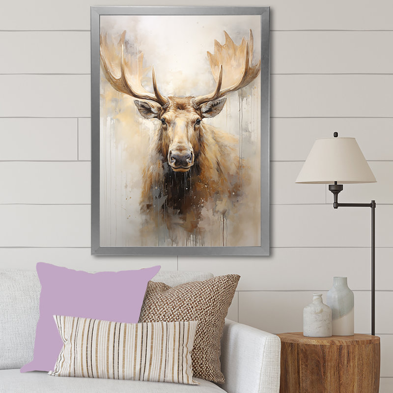 Portrait d'un orignal beige et doré - impressions sur toile, H 44 po x l 34 po x P 1,5 po, Cadre flottant noir
