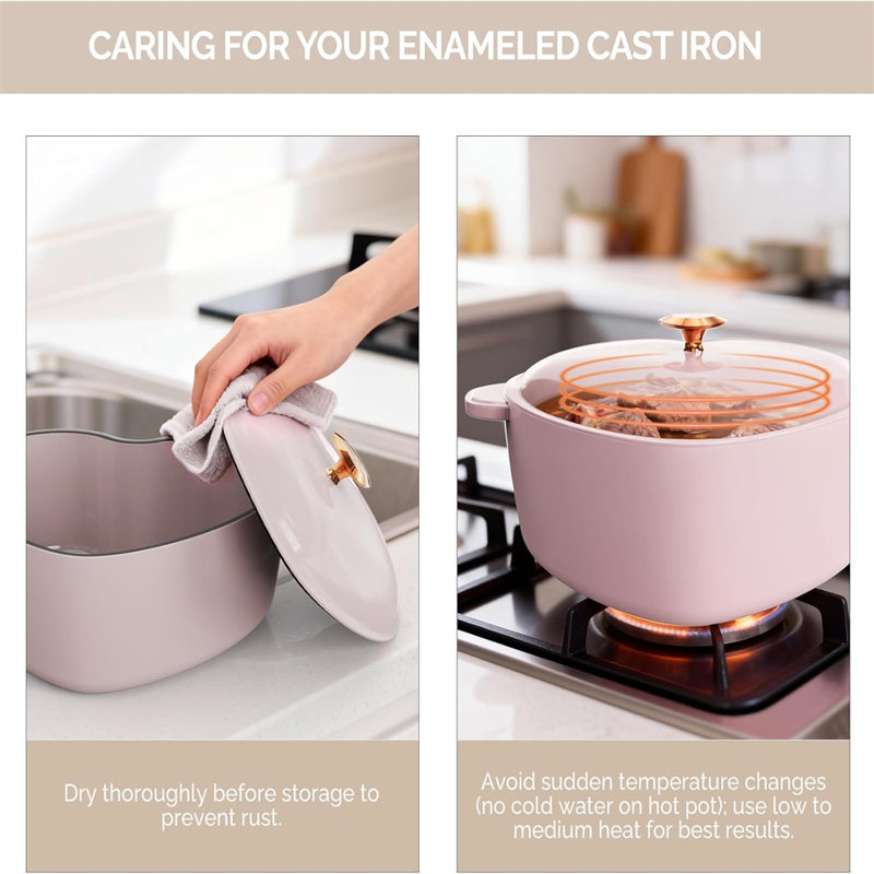 Cocotte en fonte émaillée 4QT en forme de cœur rose avec couvercle