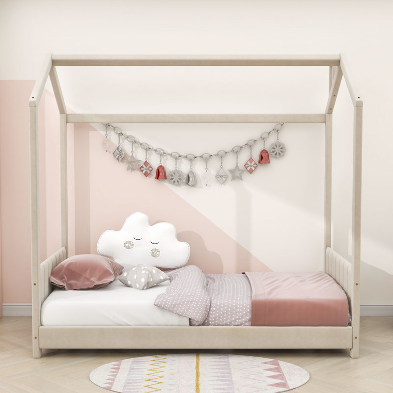 Lit plateforme à baldaquin capitonné Bussell, Beige, Simple