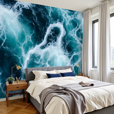 Papier peint adhésif mural moderne avec vagues écume de mer turquoise et écume de mer H 100 po x l 144 po papier auto-adhésif amovible pour chambre à coucher