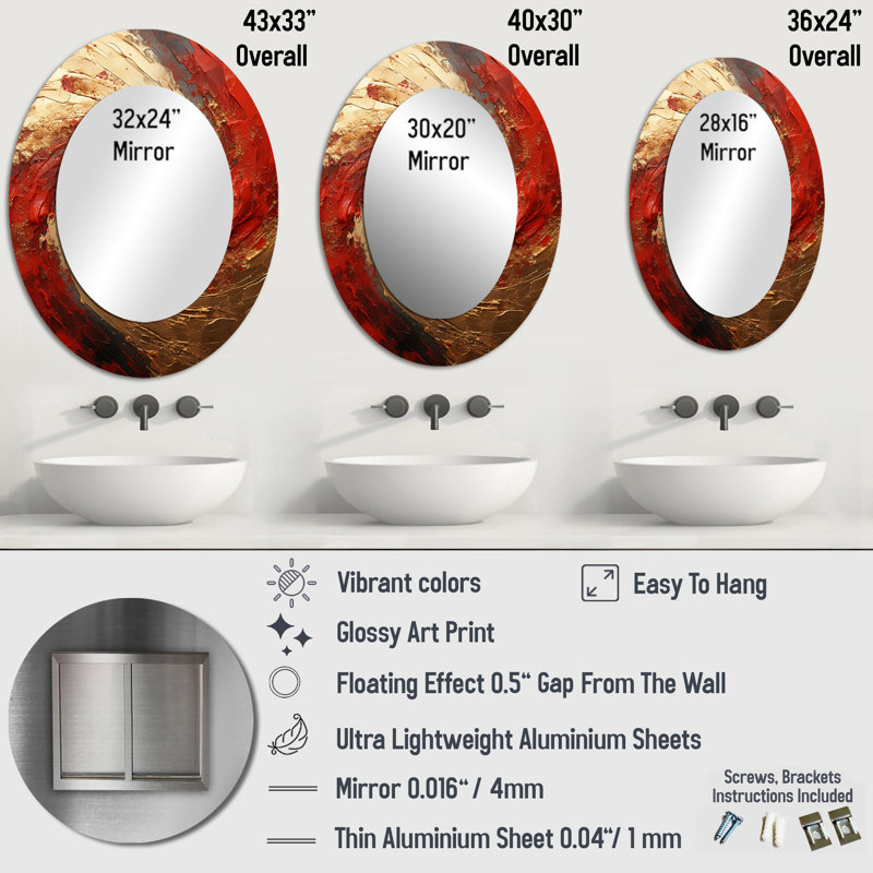 Deboles Red Gold Fusion Spiral - Abstract Spirals Unique Wall Mirror, Modern Mirror, Printed Metal Art, 36" x 24", Oval