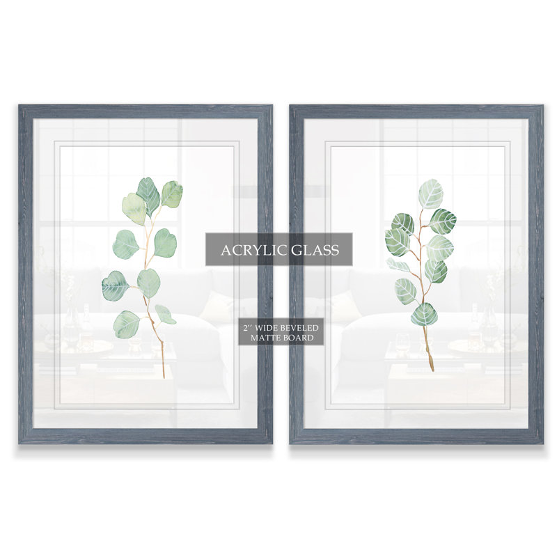 «Soft Eucalyptus Branch III» par Vincent Van Gogh - ensemble de 2 reproductions d'art encadrées, Cadre en papier gris, Blanc