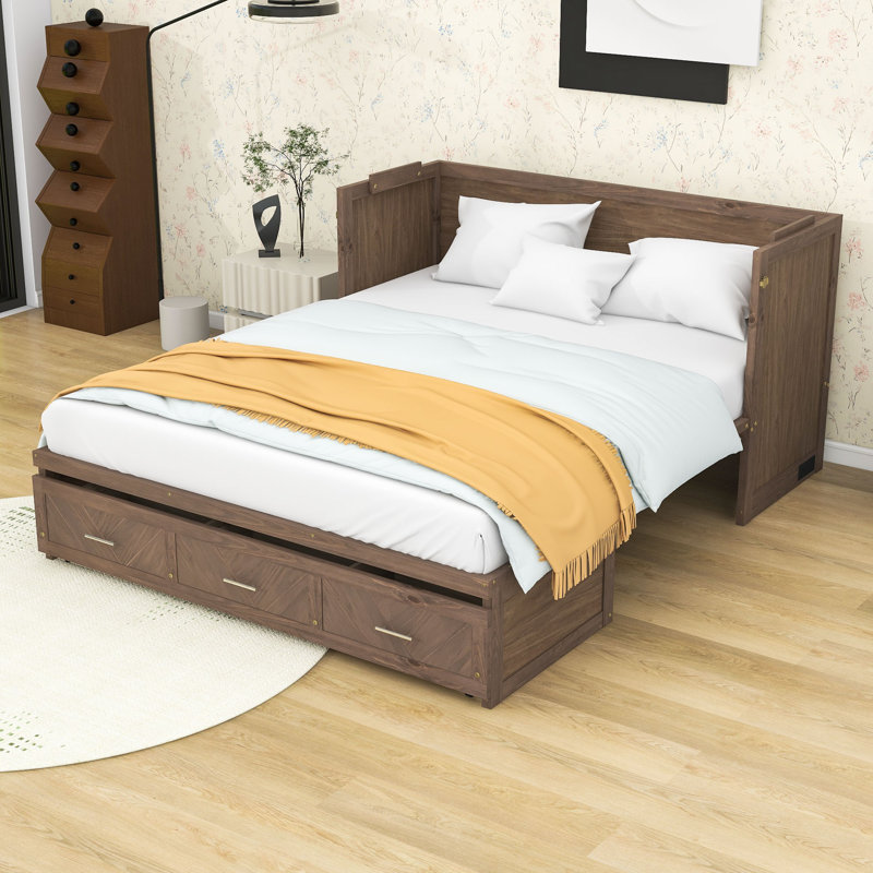 Grand lit escamotable en bois avec port USB et lattes, Noyer clair