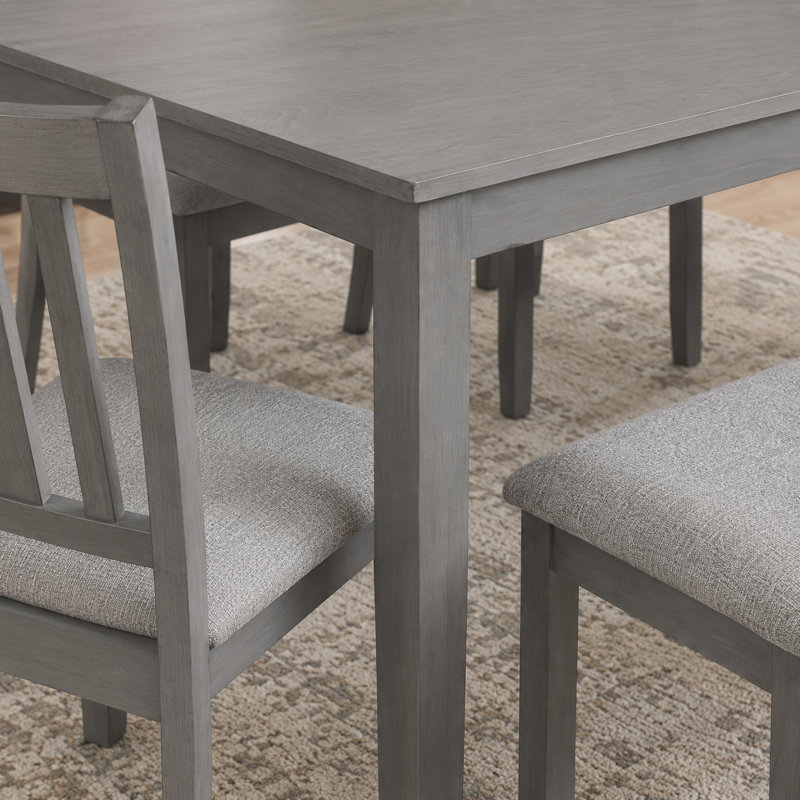 Ensemble de salle à manger rectangulaire 6 pièces, table, 4 chaises et banc, coussins en lin gris, structure en bois massif