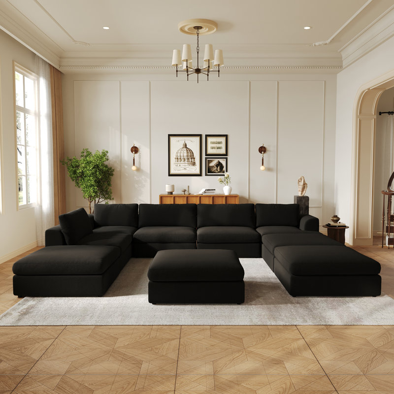 9-Piece L-Shape Boucle Fabric Modular Sectional Sofa With Ottomans, Black
