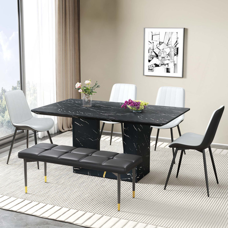 Ensemble de table et de chaises. Ensemble de table de salle à manger en panneau de fibres à densité moyenne à motif de marbre avec 4 chaises de salle à manger à coussin allongé et 1 banc