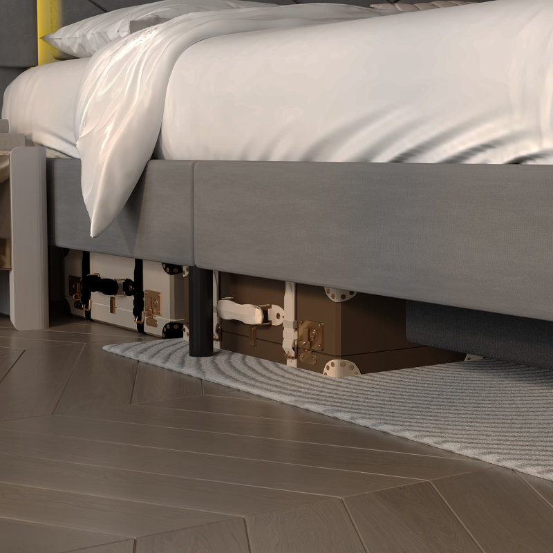 Upholstered Bed Frame with Adjustable Charged LED Headboard and Storage Drawers, Queen, Gray