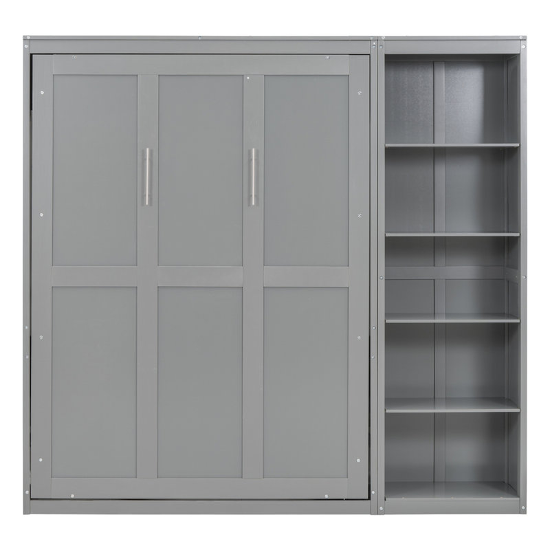 Lit escamotable double pleine grandeur avec tablettes, Gris