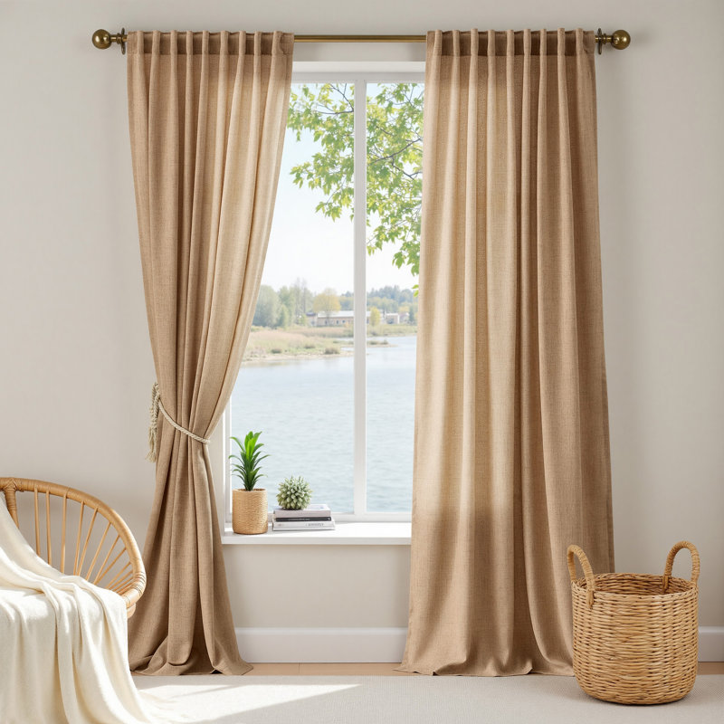 Linen blend Semi Sheer Curtains Rod Pocket Back Tab solid color Drapes（set of 2）, Caramel, 52" W x 63" L