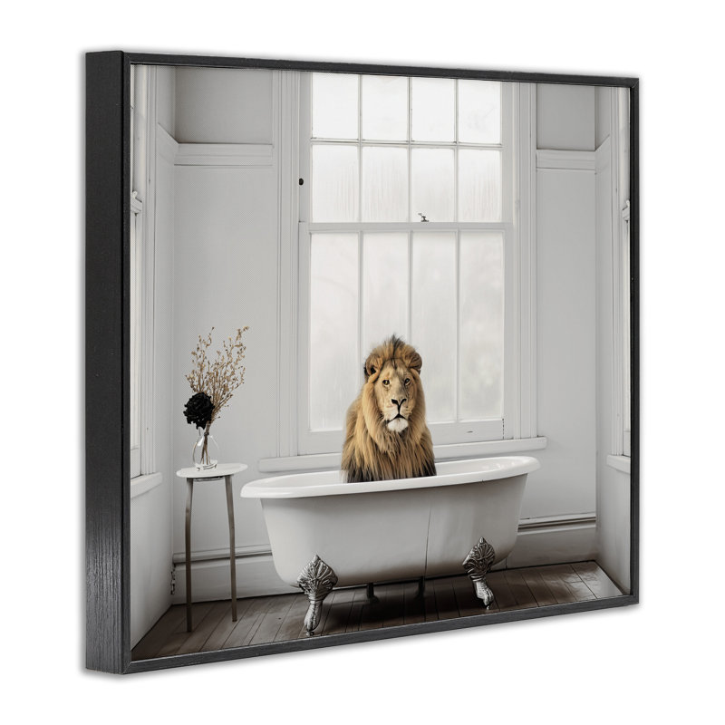 Estampe numérique Minimalist Lion Bathtime, design par Sasha, H 11 po x l 14 po, Giclée encadrée noir minuit