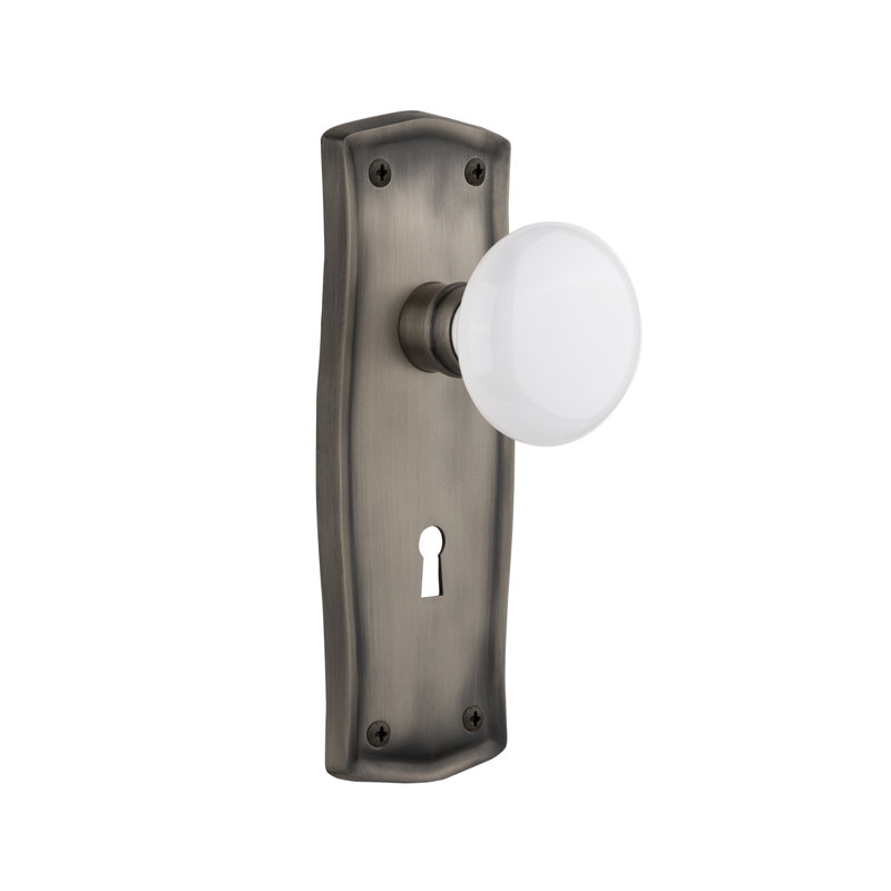 Prairie Plate with Decorative Keyhole and White Porcelain Door Knob, Antique Pewter, 2-3/4”
