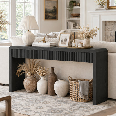 Console de 134 cm (52,9 po) avec 3 tiroirs cannelés, style rustique, avec bords arrondis et pieds réglables, idéale pour le salon ou le corridor, couleur noire.