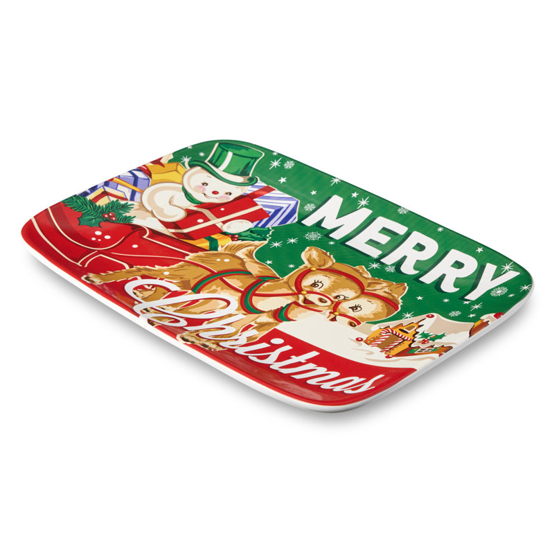 Plateau rétro en forme de père Noël - plateau en céramique des Fêtes avec art rétro du père Noël, des rennes et des bonhommes de neige, vaisselle festive nostalgique pour les biscuits, les hors-d'œuvre et les côtés
