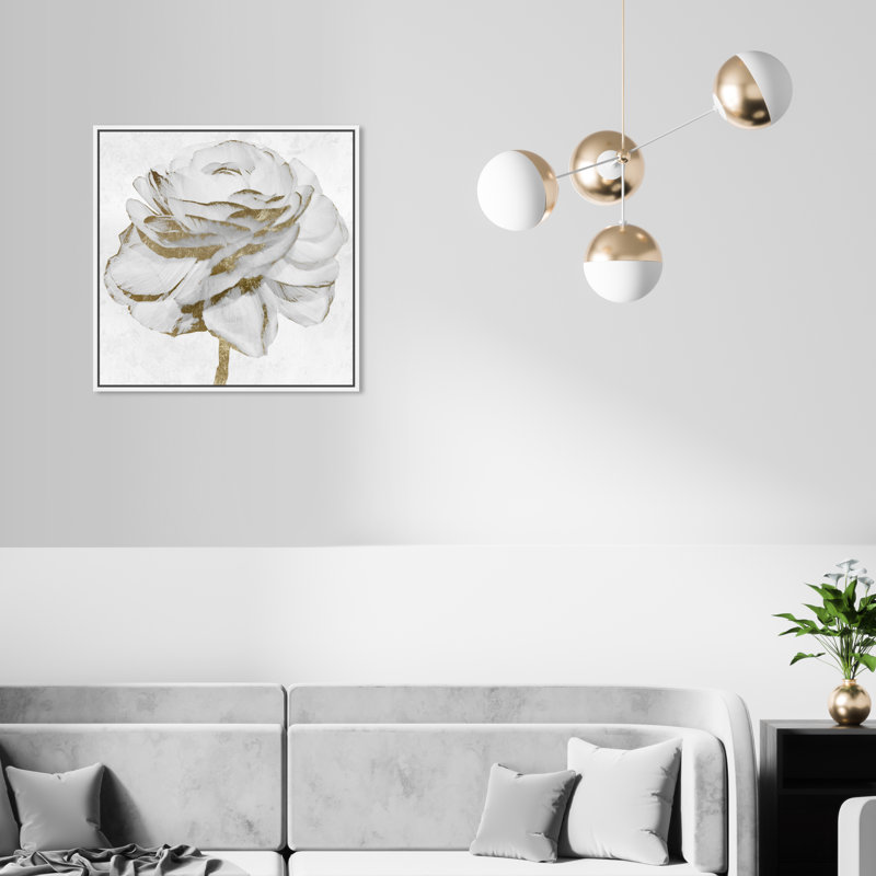 «White Gold Peony», reproduction d'art sur toile, H 20 po x l 20 po, Cadre blanc