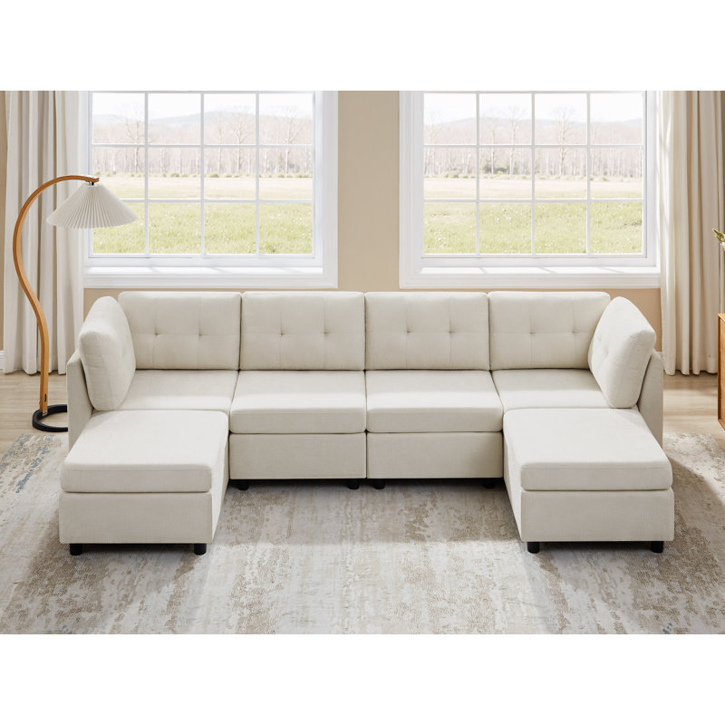 Chenille Upholstered Sectional Sofa Couch With Ottoman, Beige Polyester
