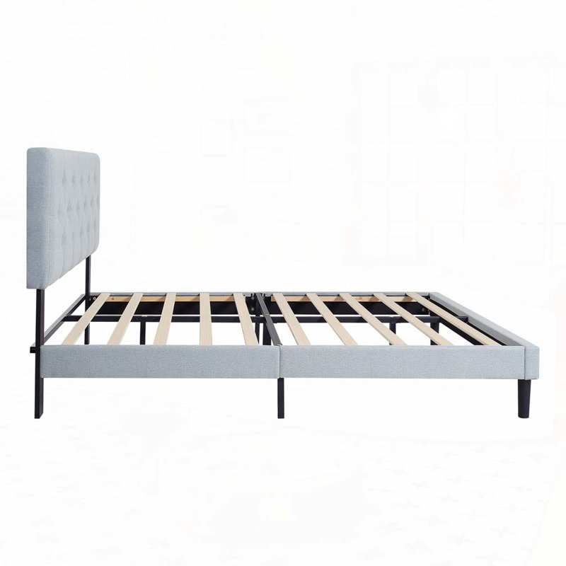 Lit plateforme tapissier en tissu capitonné à boutons, sans sommier, support à lattes de bois, Grey, Twin
