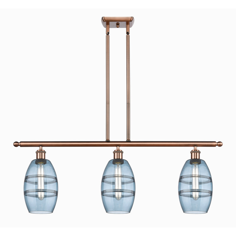 Luminaire suspendu pour îlot de cuisine 3 lumières Dundrod, Bleu princesse, Cuivre antique