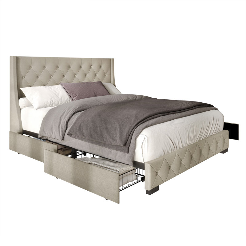 Tasir Upholstered Wingback Storage Bed, Full, Warm Gray