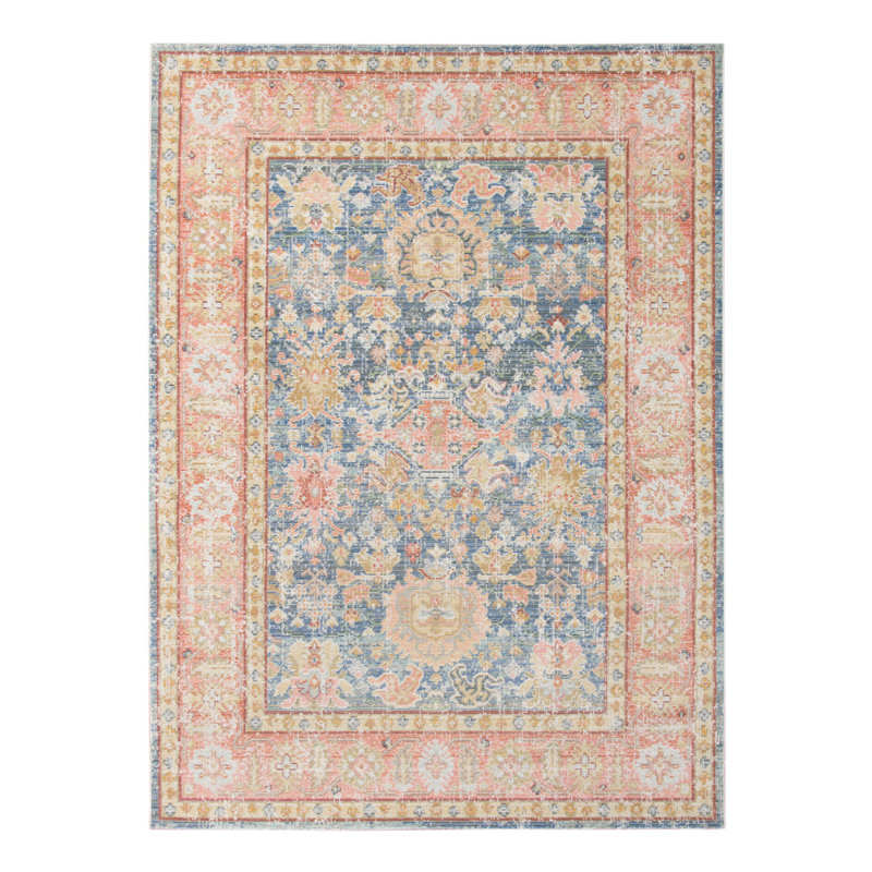 Tapis oriental délavé 2 pi x 3 pi bleu et corail tissé à la machine