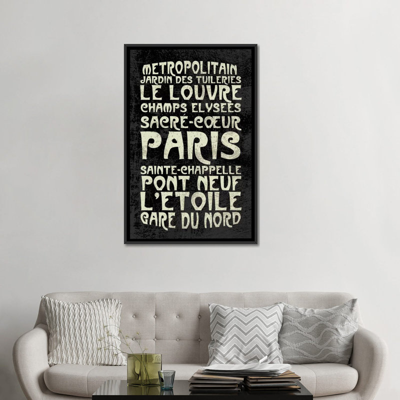 Paris, toile flottante, art textuel sur toile, H 48 po x l 32 po x P 1,5 po, Toile encadrée noire, Pas de tapis