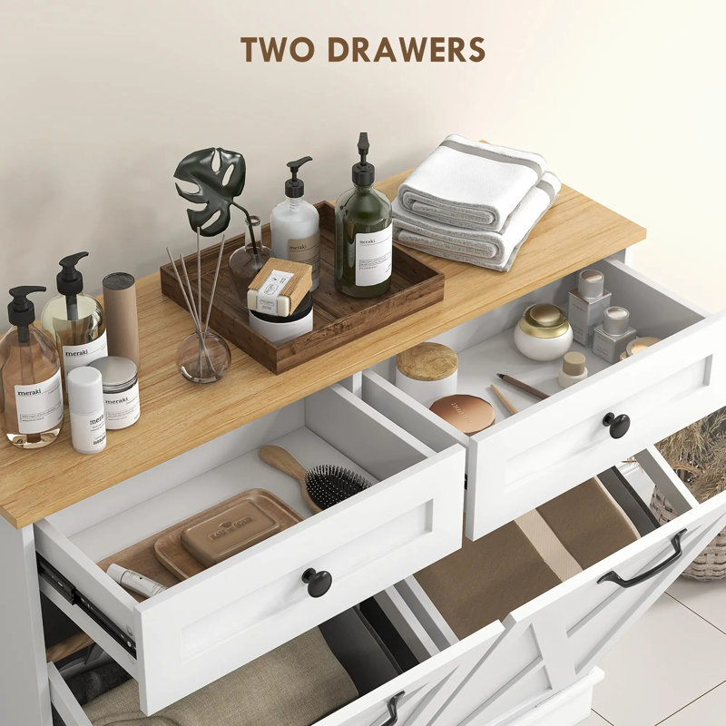 White MDF Double Tilt-Out Laundry Hamper Cabinet with Drawers
