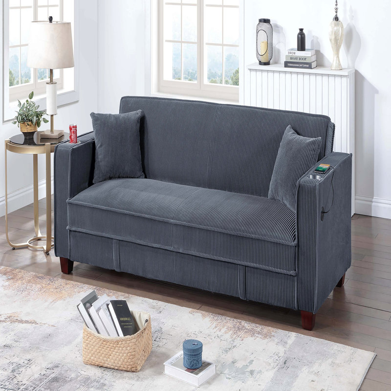 Contemporary Style 1pc Convertible Sofa Square Arms Built In Cup Holders Hidden Storage Matching Throw Pillow Usb Port Dark Gray Finish Primary Living Room