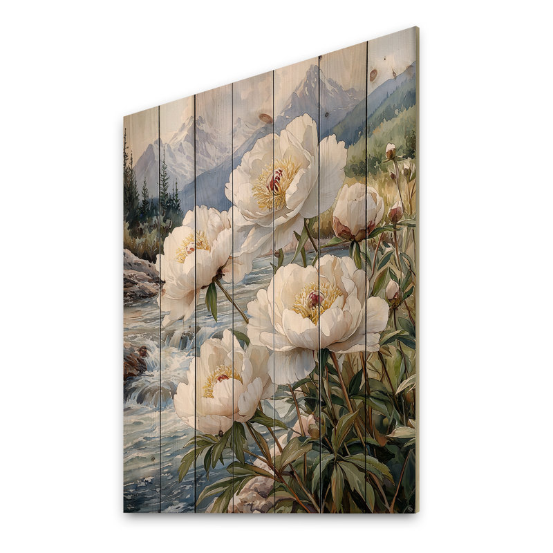 Peonies By The Mountain River II - Peonies Wood Wall Decor - On Natural Pine Wood, 40" H x 30" W x 0.78" D