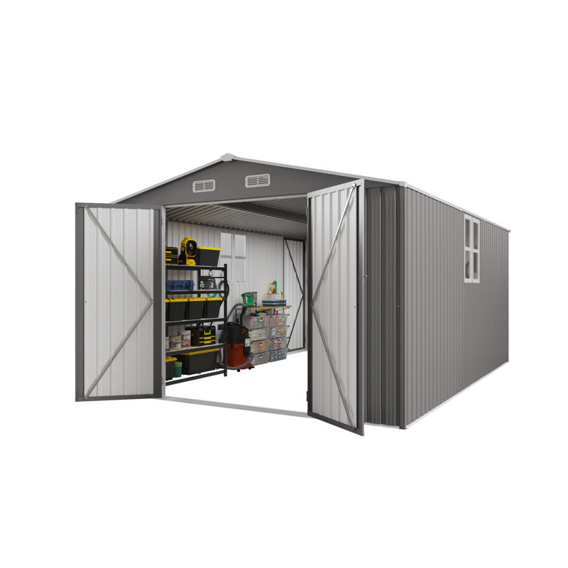 Remise de rangement extérieure en métal 10 x 14 pi avec trois portes verrouillables, remise de jardin en acier galvanisé durable pour l'équipement de jardin, de patio et de pelouse