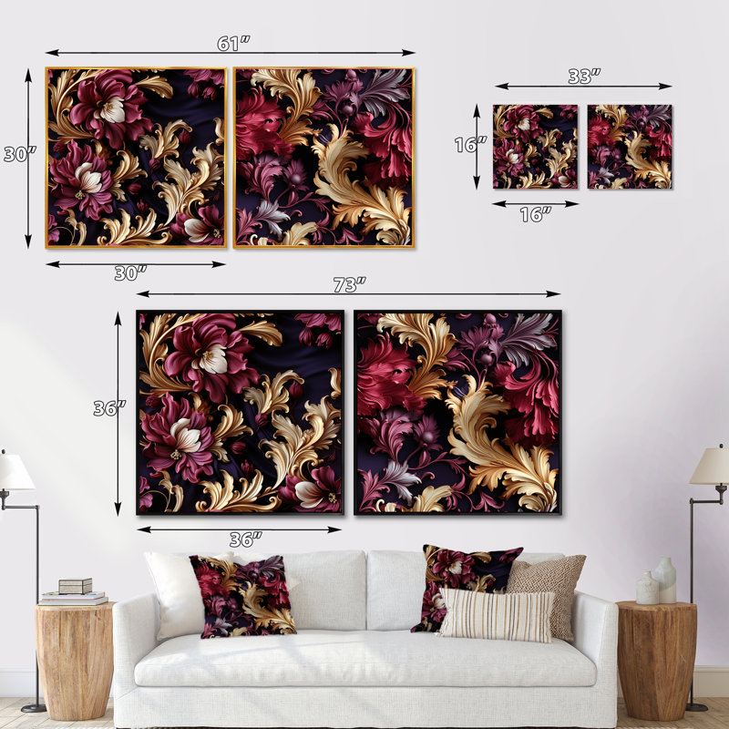 «Timeless Mauve Baroque Floral Dreams III», ensemble de 2 collages carrés botaniques abstraits, Cadre flottant brun