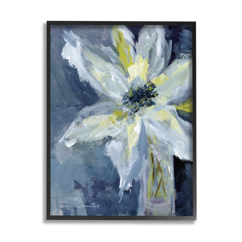 Abstrait fleur de lys en fleurs tendres, bleu, pétales jaunes tendus sur toile par Stephanie Workman Marrott, Cadre noir