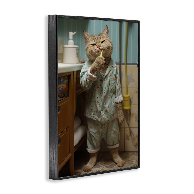 Chat qui se brosse les dents, estampe numérique par Roozbeh Bahramali, H 18 po x l 12 po, Giclée encadrée noir minuit