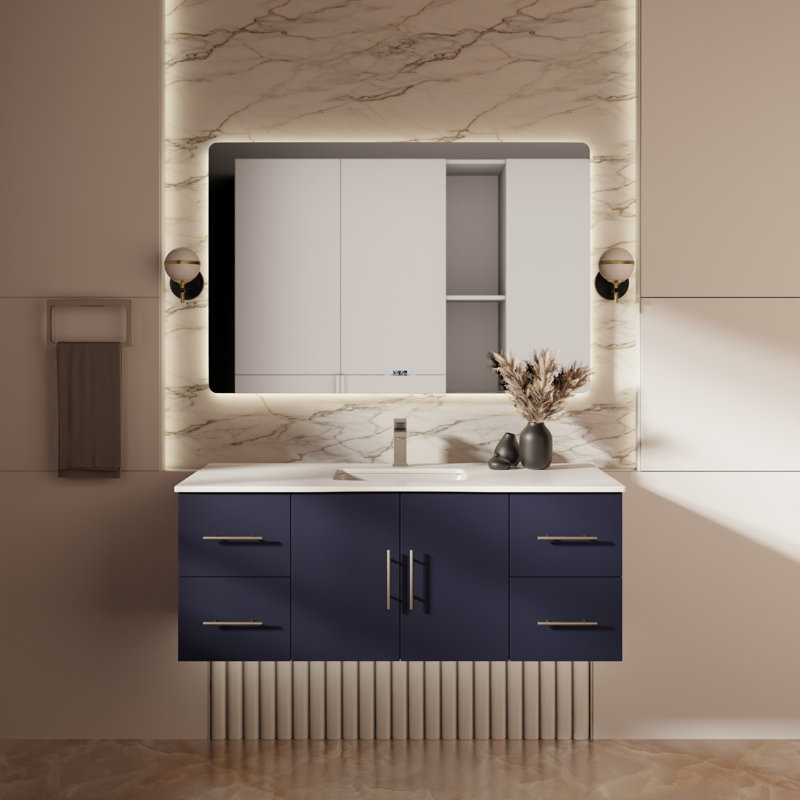 Geneva 48" Wall-Mounted Single Bathroom Vanity Set, Navy Blue, White Cultured Marble