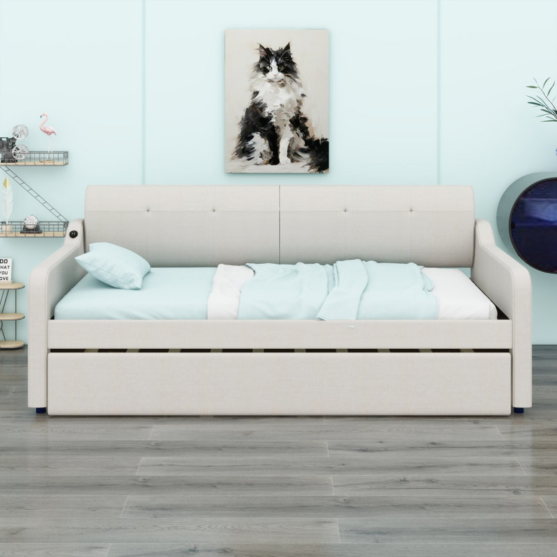 Upholstery Daybed With Trundle And USB Charging Design,Trundle Can Be Flat Or Erected, Beige