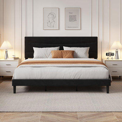 King Velvet Platform Bed with Headboard & Storage, Black