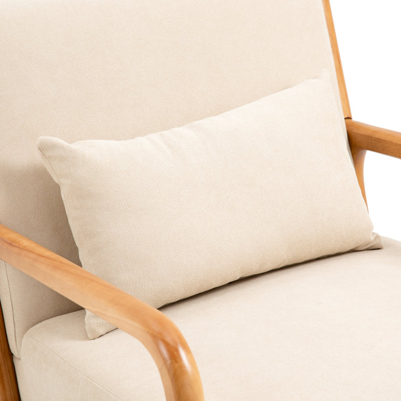 Upholstered Cotton Armchair, Beige Polyester Blend, Natural Wood