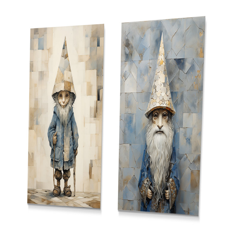 Fantaisie, portrait de gnome beige et bleu - ensemble de 2 impressions de gnome sur métal, H 28 po x l 24 po